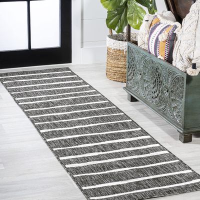 Eyely BMS125E-28 Santa Monica Colonia Berber Stripe Indoor/Outdoor Runner Rug Modern;Bohemian;Transitional, Bedroom, Kitchen, Backyard, Patio, Easy-Cleaning, Non-Shedding, 2 X 8, Black/Ivory