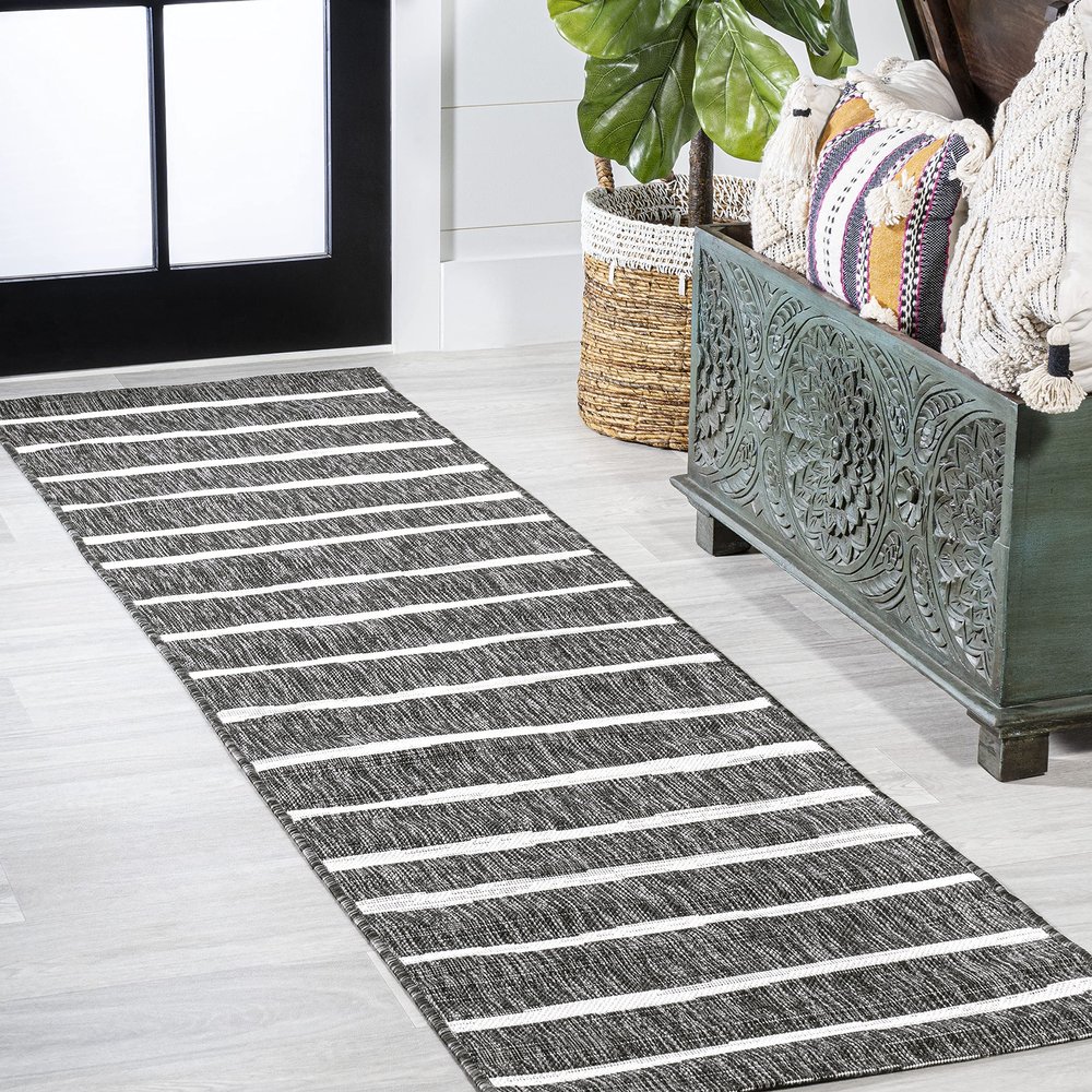 Eyely BMS125E-28 Santa Monica Colonia Berber Stripe Indoor/Outdoor Runner Rug Modern;Bohemian;Transitional, Bedroom, Kitchen, Backyard, Patio, Easy-Cleaning, Non-Shedding, 2 X 8, Black/Ivory