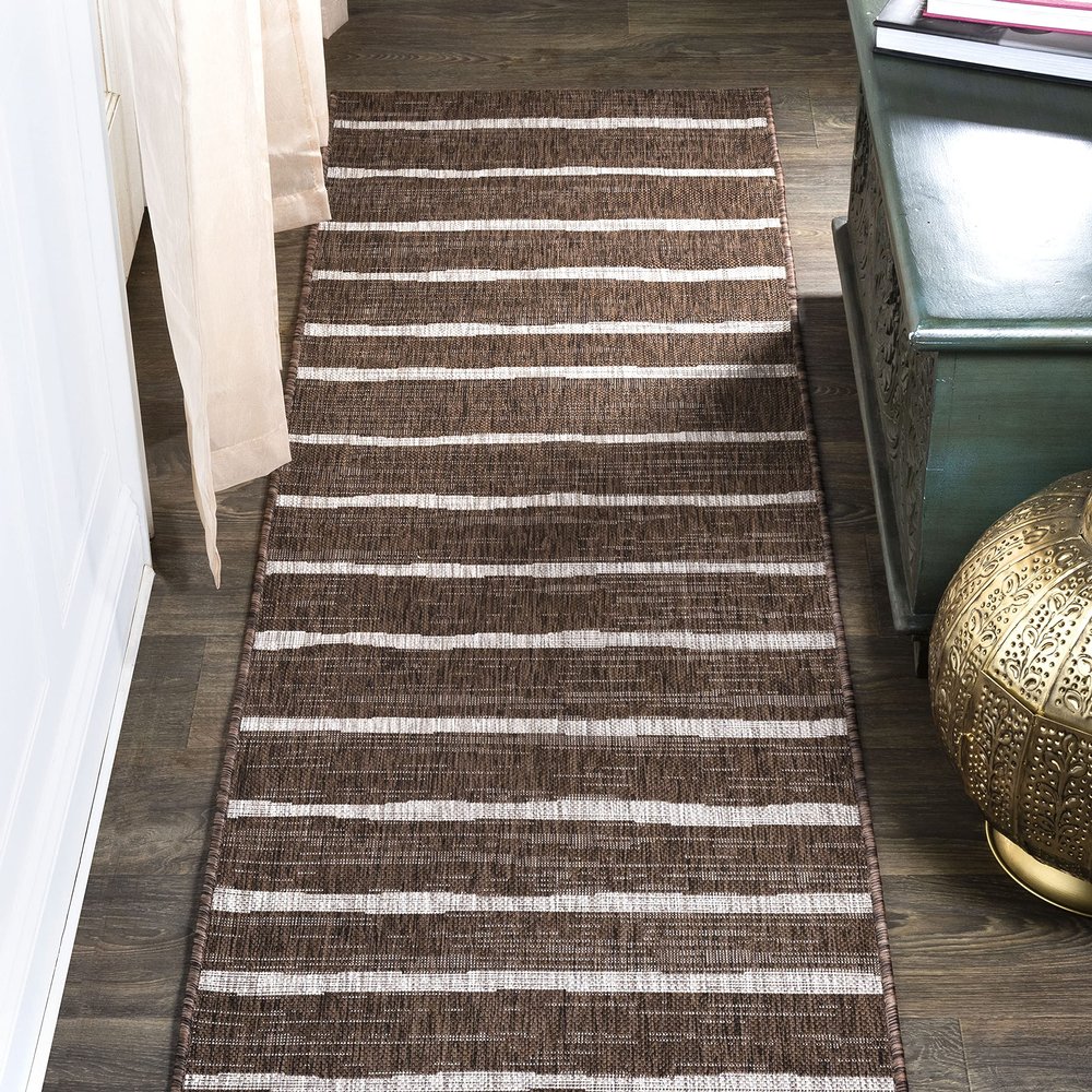 Eyely BMS125B-28 Santa Monica Colonia Berber Stripe Indoor/Outdoor Runner Rug Modern;Bohemian;Transitional, Bedroom, Kitchen, Backyard, Patio, Easy-Cleaning, Non-Shedding, 2 X 8, Brown/Beige