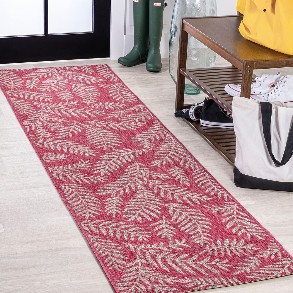 Eyely BMS119F-28 Santa Monica Nevis Palm Frond Indoor/Outdoor Runner Rug Coastal;Casual;Country;Floral, Bedroom, Kitchen, Backyard, Patio, Easy-Cleaning, Non-Shedding, 2 X 8, Fuchsia/Light Gray