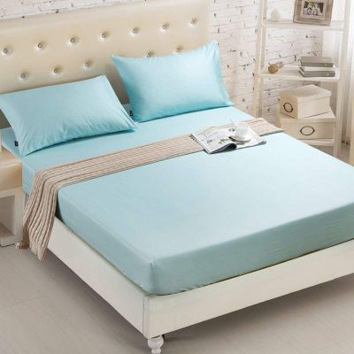FCLDESHOP Deep Pocket Soft Sheet,Solid Color Chemical Fiber Box Spring Mattress Protector, Hotel Homestay Brushed Non-Slip Bed Sheet Mattress Topper,Sky Blue,Queen 152 * 203cm+46cm (3pcs)