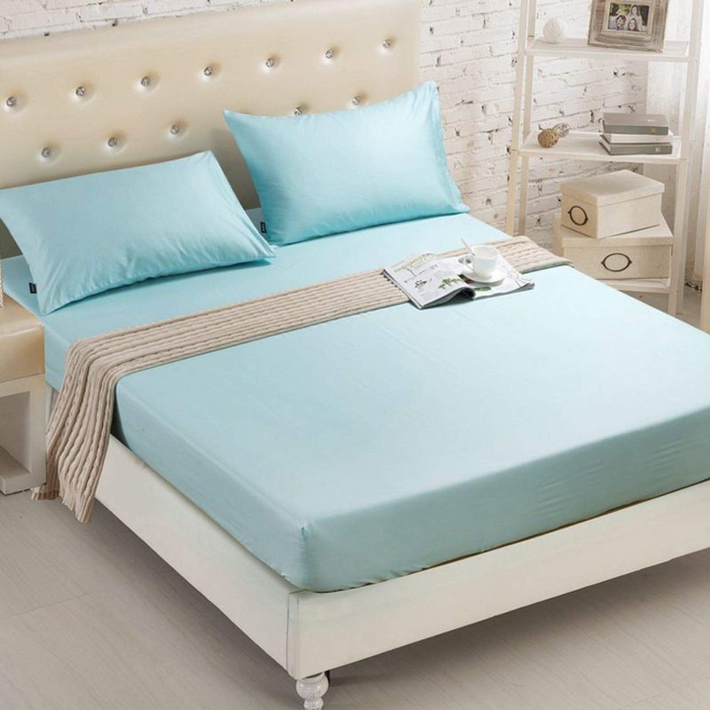 FCLDESHOP Deep Pocket Soft Sheet,Solid Color Chemical Fiber Box Spring Mattress Protector, Hotel Homestay Brushed Non-Slip Bed Sheet Mattress Topper,Sky Blue,Queen 152 * 203cm+46cm (3pcs)