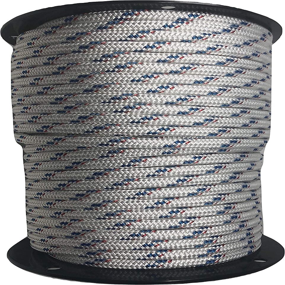 Yacht Braid Premium Polyester Rope 7/16 inch, White with Blue Tracers and Red Fleck (300 feet)