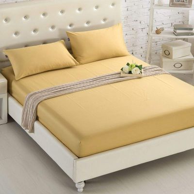 FCLDESHOP Deep Pocket Fitted Sheet,Solid Color Chemical Fiber Box Spring Mattress Protector, Hotel Homestay Brushed Non-Slip Bed Sheet Mattress Topper,Yellow,King 193 * 203cm+46cm (3pcs)