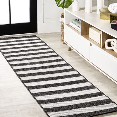 Eyely BMS203C-28 Santa Monica Negril Two-Tone Wide Stripe Indoor/Outdoor Runner Rug Modern;Coastal;Rustic, Bedroom, Kitchen, Backyard, Patio, Easy-Cleaning, Non-Shedding, 2 X 8, Black/Cream