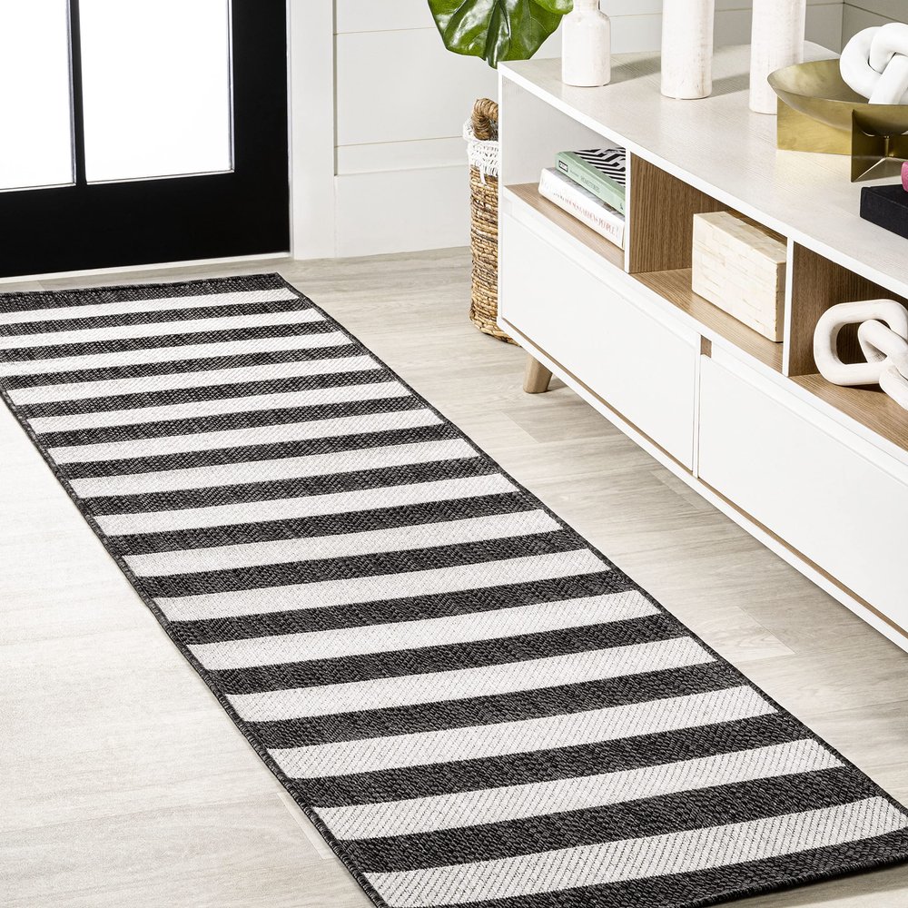 Eyely BMS203C-28 Santa Monica Negril Two-Tone Wide Stripe Indoor/Outdoor Runner Rug Modern;Coastal;Rustic, Bedroom, Kitchen, Backyard, Patio, Easy-Cleaning, Non-Shedding, 2 X 8, Black/Cream