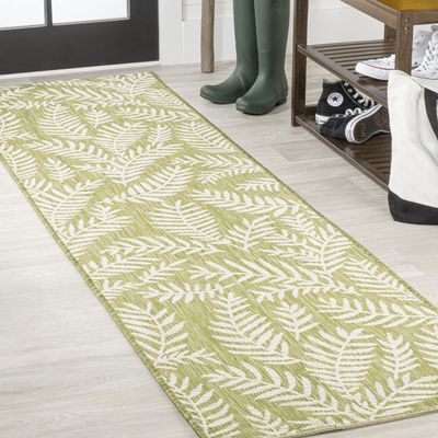 Eyely BMS119D-28 Santa Monica Nevis Palm Frond Indoor/Outdoor Runner Rug Coastal;Casual;Country;Floral, Bedroom, Kitchen, Backyard, Patio, Easy-Cleaning, Non-Shedding, 2 X 8, Green/Cream
