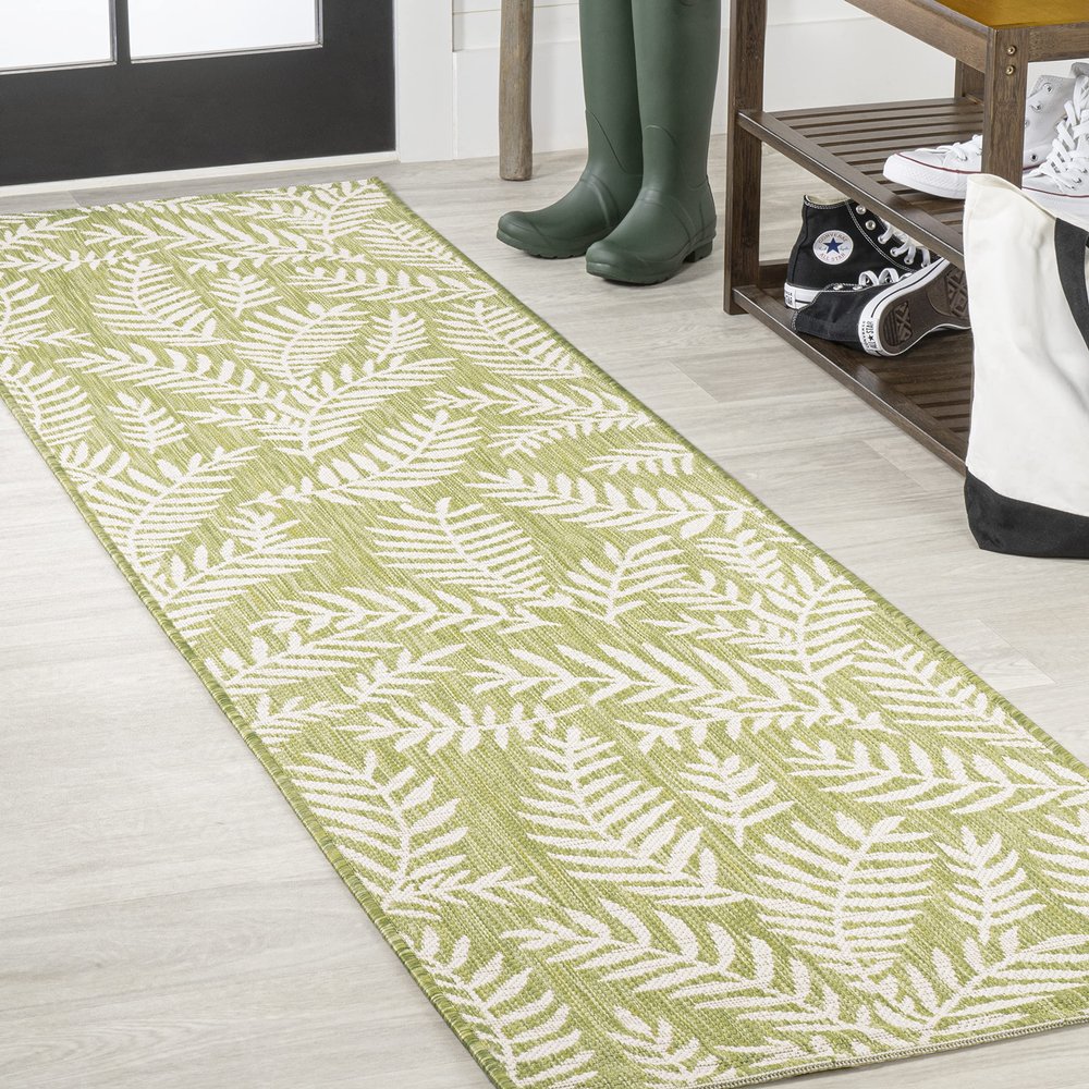 Eyely BMS119D-28 Santa Monica Nevis Palm Frond Indoor/Outdoor Runner Rug Coastal;Casual;Country;Floral, Bedroom, Kitchen, Backyard, Patio, Easy-Cleaning, Non-Shedding, 2 X 8, Green/Cream