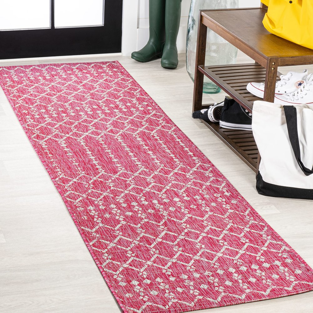 Eyely BMS108Q-28 Santa Monica Ourika Moroccan Geometric Textured Weave Indoor/Outdoor Runner Rug Rustic, Bedroom, Kitchen, Backyard, Patio, Easy-Cleaning, Non-Shedding, 2 X 8, Fuchsia/Light Gray