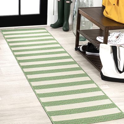 Eyely BMS203D-28 Santa Monica Negril Two-Tone Wide Stripe Indoor/Outdoor Runner Rug Modern;Coastal;Rustic, Bedroom, Kitchen, Backyard, Patio, Easy-Cleaning, Non-Shedding, 2 X 8, Green/Cream