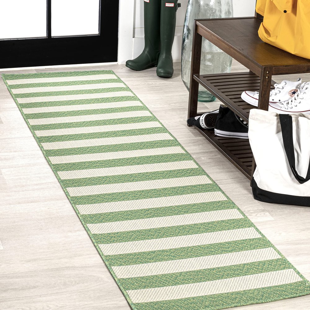 Eyely BMS203D-28 Santa Monica Negril Two-Tone Wide Stripe Indoor/Outdoor Runner Rug Modern;Coastal;Rustic, Bedroom, Kitchen, Backyard, Patio, Easy-Cleaning, Non-Shedding, 2 X 8, Green/Cream