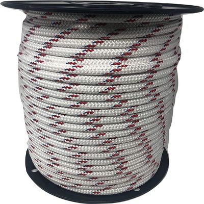 Yacht Braid Premium Polyester Rope 7/16 inch, White with Red Tracers and Blue Fleck (100 feet)
