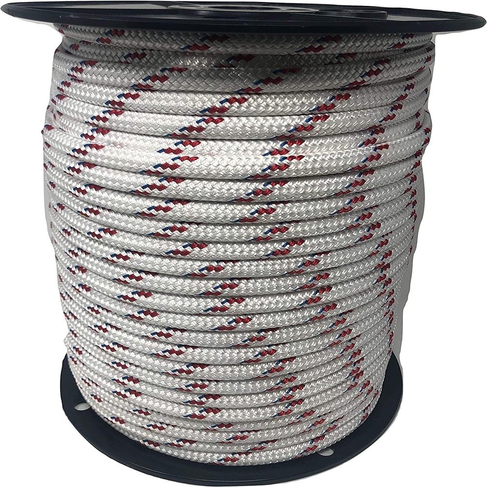 Yacht Braid Premium Polyester Rope 7/16 inch, White with Red Tracers and Blue Fleck (100 feet)