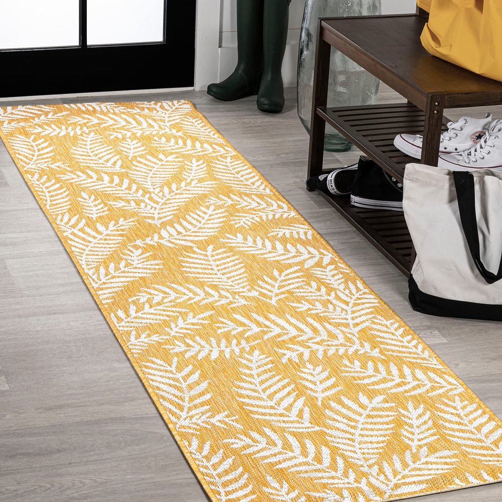 Eyely BMS119C-28 Santa Monica Nevis Palm Frond Indoor/Outdoor Runner Rug Coastal;Casual;Country;Floral, Bedroom, Kitchen, Backyard, Patio, Easy-Cleaning, Non-Shedding, 2 X 8, Yellow/Cream