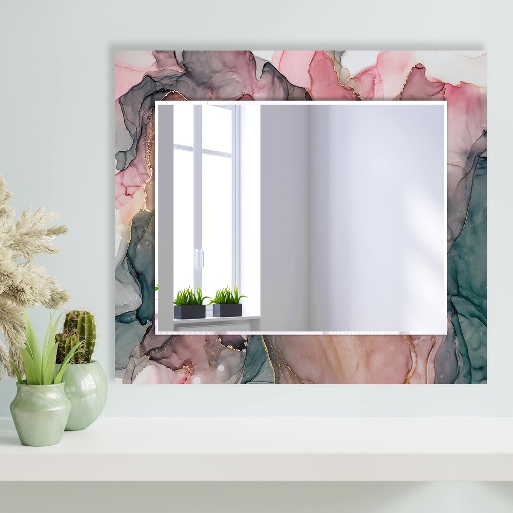 My Photostation.com 48x32''(Horizontal) Rectangular Beveled Wall Mirror on Abstract Printed Bathroom Vanity, Ready to Hang Bathroom Mirror for Vanities