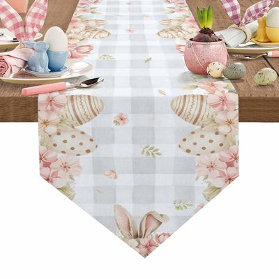 Easter Bunny Ears Table Runner 70 inch Long,Pink Flower Clover Table Runner,Non-Slip Dining Dresser Scarves for Kitchen Holiday Party Tabletop Decor,Gray Buffalo Plaid