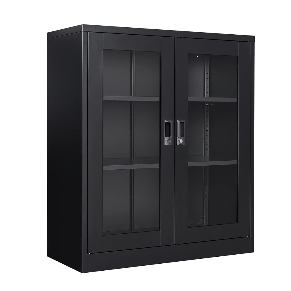 AFAIF 36H Display Cabinet with Adjustable Shelves and Acrylic Door, Black Metal Display Cabinets, Locking Steel Black Storage Caninet for Home/Office/Living Room - Assembly Required