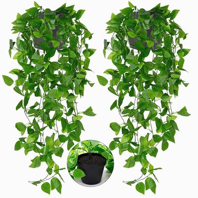 Toprooms 2 Pack Fake Hanging Plants with Pot,Artificial Hanging Plant Fake Plants Faux Ivy Vine Wall Hanging Plants Greenery Shelf Home Office Indoor Outdoor Decor (Green Faux Ivy Vine, 2 Potted)