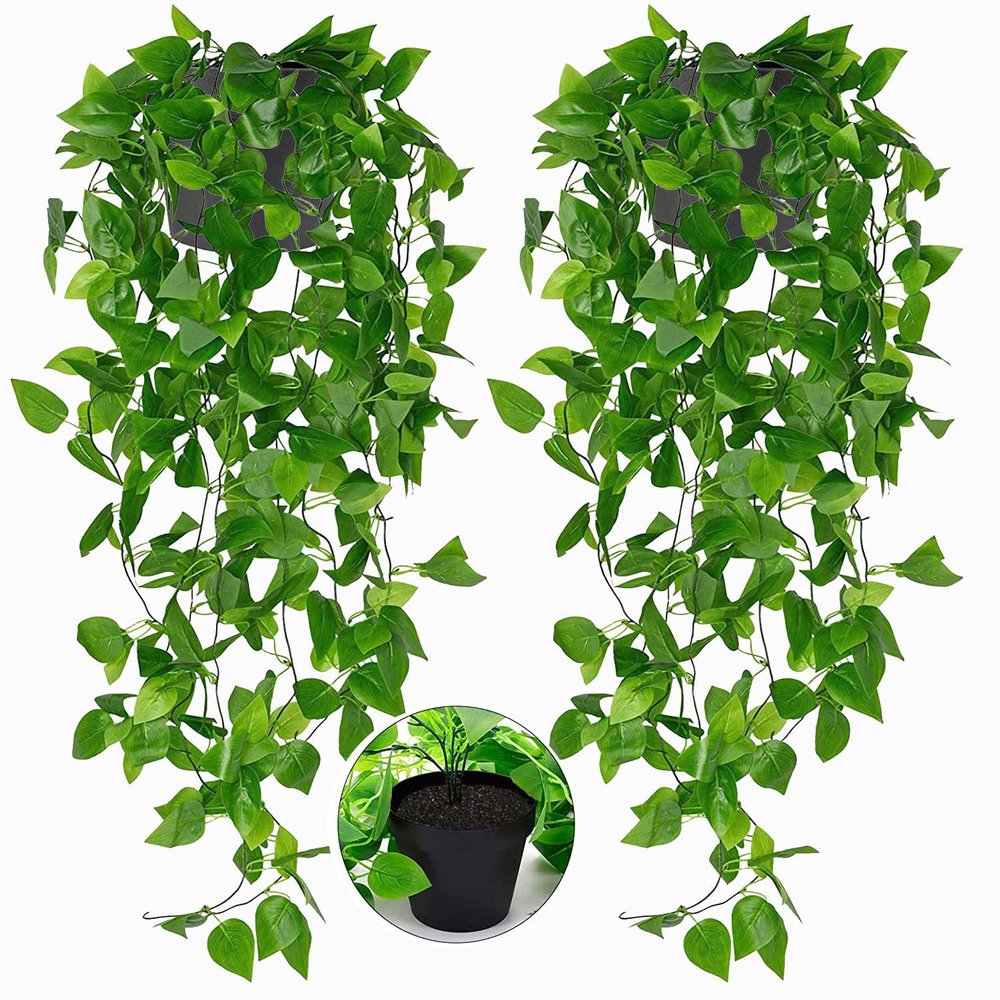 Toprooms 2 Pack Fake Hanging Plants with Pot,Artificial Hanging Plant Fake Plants Faux Ivy Vine Wall Hanging Plants Greenery Shelf Home Office Indoor Outdoor Decor (Green Faux Ivy Vine, 2 Potted)