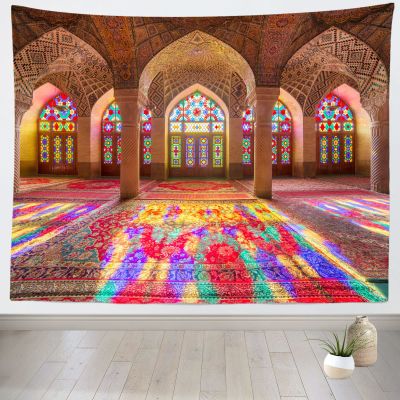 BELECO Moroccan Tapestry Wall Hanging 141x96 Inch Vintage Palace Pink Mosque Great Hall View Columns with Arches Stained Glass Door Window Moroccan Style Oriental Home Decor for Bedroom Home Decor