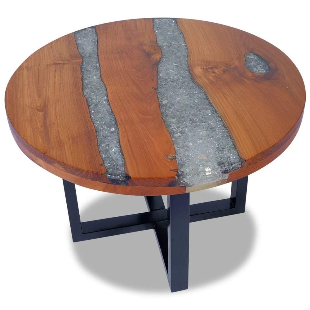 Keketa Coffee Table Round 23.6 inch, Teak Resin Sofa Table Tabletop Stable Legs for Living Room, Rustic Brown
