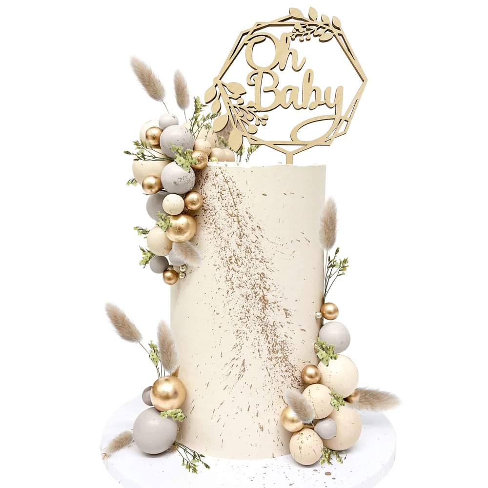 47 PCS Wood Oh Baby Cake Topper Boho Cake Toppers Balls Cake Topper Decorations Baby Shower Decorations for Boho Baby Shower Birthday Wedding Gender Reveal Cake Decorations
