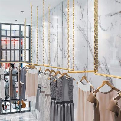 FURVOKIA 2 Pcs Creative Chain Adjustable Height Ceiling Hanging Clothing Racks,Retail Display Clothes Storage Pipe Shelf, Heavy Duty Metal Garment Rack,Home Hanger Organizer (Gold Round Tube, 24" L)