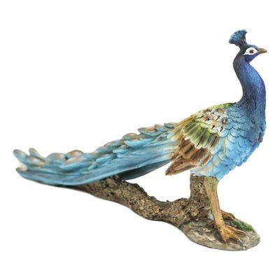 1 Pcs Of Elegant Iridescent Blue Peacock With Beautiful Train Feathers Decor Statue 14" L