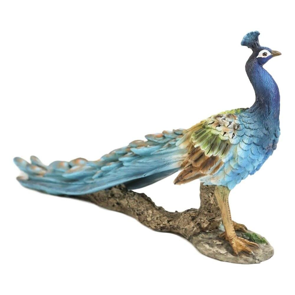 1 Pcs Of Elegant Iridescent Blue Peacock With Beautiful Train Feathers Decor Statue 14" L