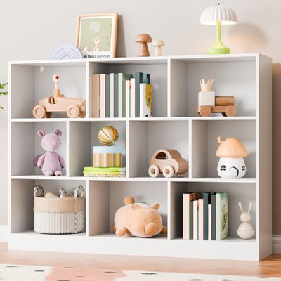 Cozy Castle White Bookshelf, 3-Tier Open Shelf Bookcase, 10 Cube Storage Organizer with Anti-Tilt Device for Bedroom, Living Room, 55.11" W x 11.61D x 40.94H