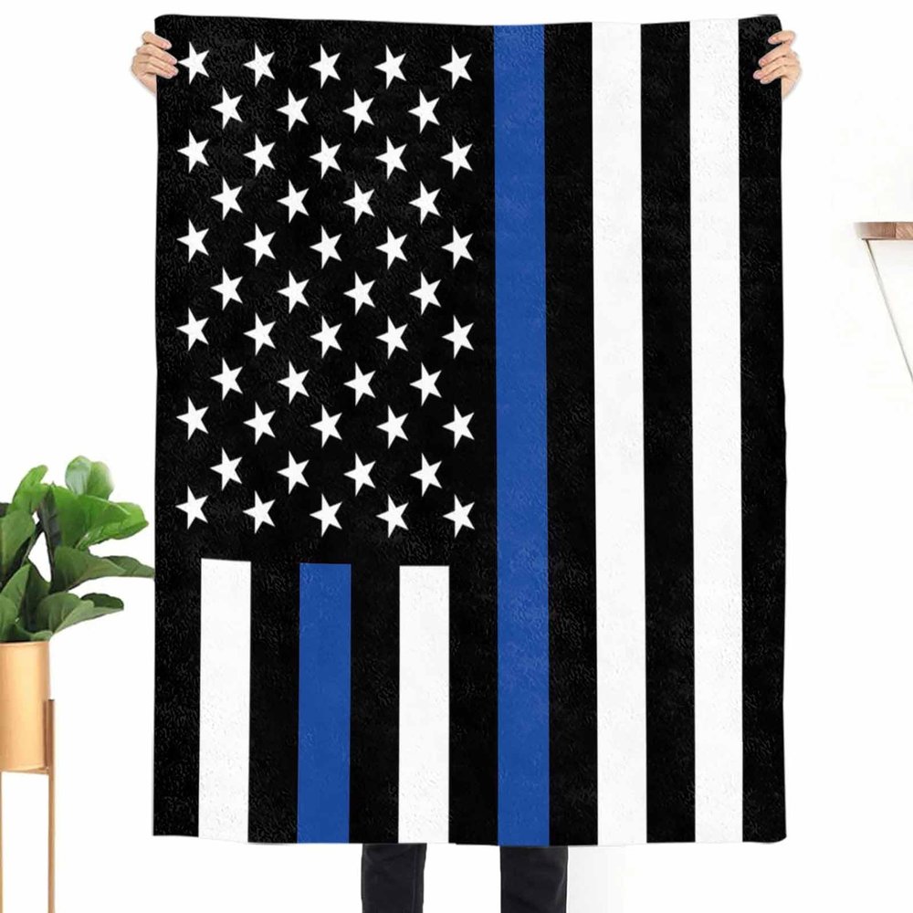 America Flannel Fleece Throw Blanket Thin Blue Line Police Warm Soft Blankets, 60x80In Law Enforcement USA Flag Lightweight Micrifiber Blanket for Kids/Teen/Men Bedroom, Living Room Couch Sofa