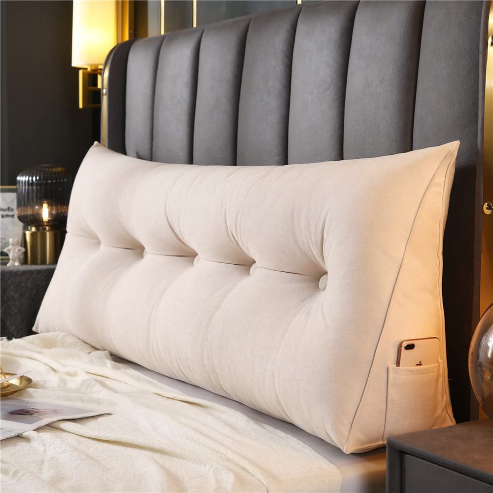 Large Bolster Triangular Headboard Wedge Backrest Positioning Support Bed Rest Reading Pillows Back Support Lumbar Cushion for Daybed with Removable Cover,White,Full/47inch/120cm