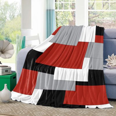 Abstract Flannel Fleece Throw Blanket Red Black Gray Color Block Warm Soft Blankets, 40x50In Modern Geometric Plaid Lightweight Micrifiber Blanket for Kids/Teen/Men Bedroom, Living Room Couch Sofa