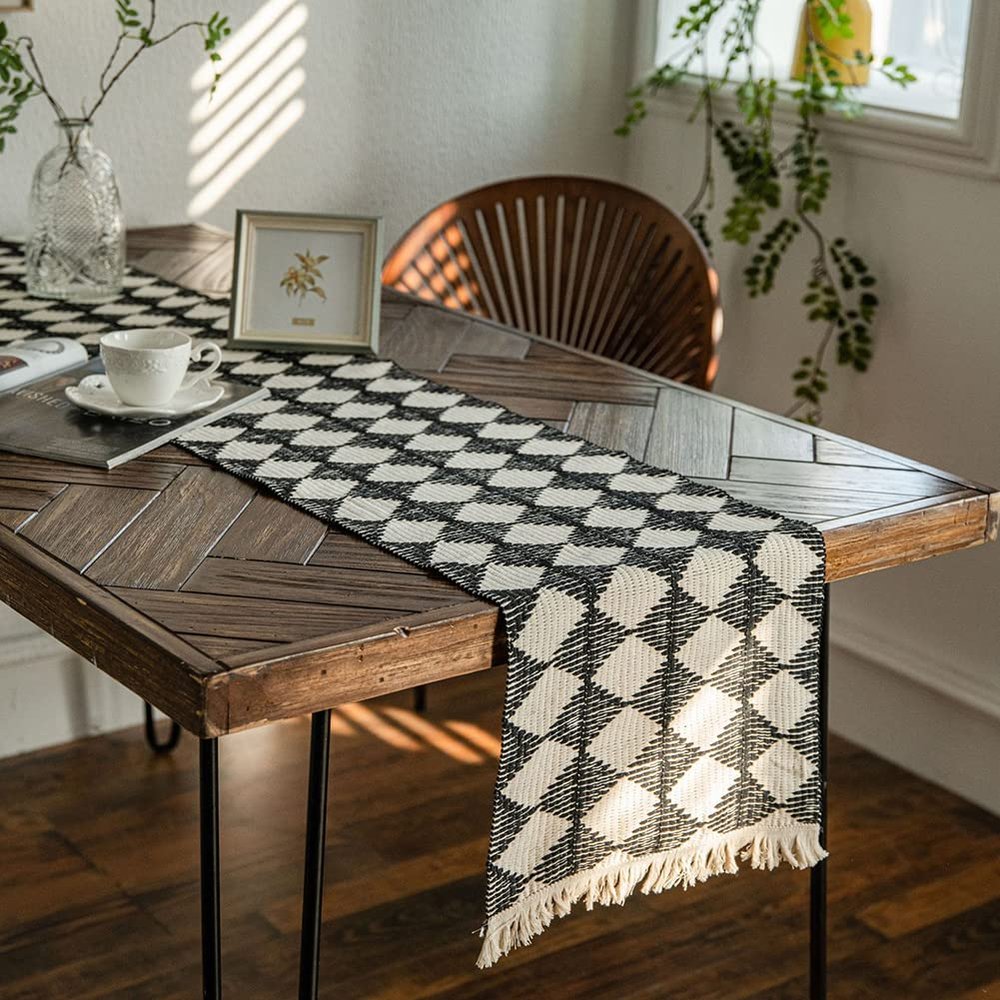 XSlive Cotton Linen Table Runner Boho Geometric Pattern Table Runners with Tassels, Rustic Woven Table Runner for Wedding Party Dining Table Decor (Black,14"x47")