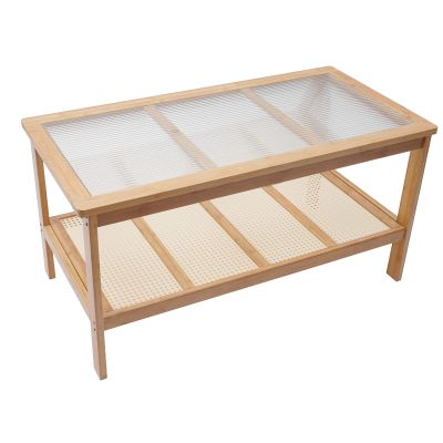 2-Tier Rectangle Coffee Table Bamboo End Table with Glass-Top and Wooden Shelf Rustic Sofa Side Table Center Table for Living Room Apartment Restaurant,37.8x19.7x19.7in