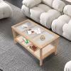 2-Tier Rectangle Coffee Table Bamboo End Table with Glass-Top and Wooden Shelf Rustic Sofa Side Table Center Table for Living Room Apartment Restaurant,37.8x19.7x19.7in view 4