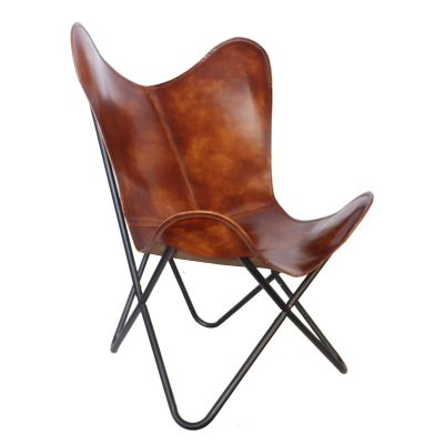 CORIUM ARTIFEX Antique Print Butterfly Chair - Genuine Leather, Modern Vintage Style - Handmade, Reclining, Indoor/Outdoor Use
