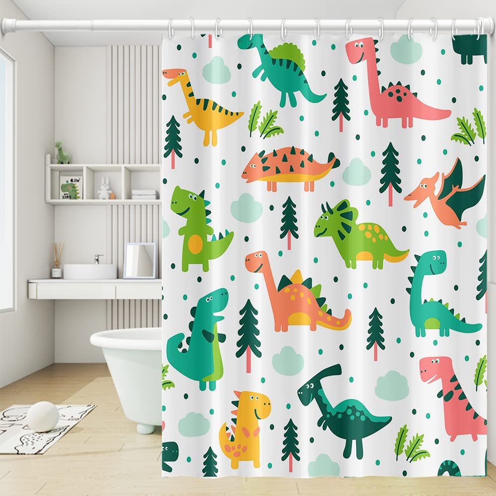 Umpoo Cute Dinosaur Shower Curtains Colorful Baby Dino Funny Animals Green Trees for Kids Neutral Curtain Waterproof Fabric Polyester Accessories with 12 Hooks, 72x72 Inch Green/Yellow/Darksalmon