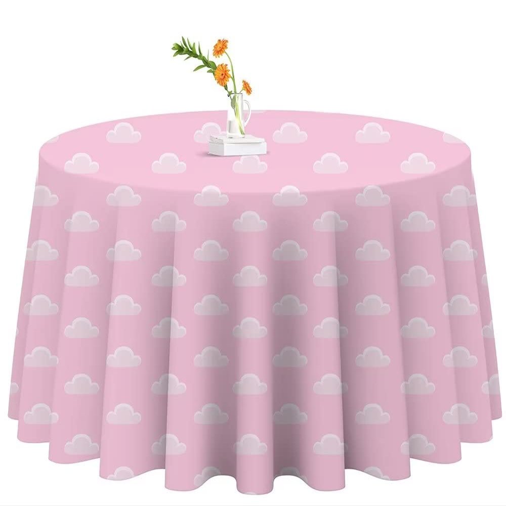 AOSTO Round Tablecloths 108inch - Circle Bulk Polyester Fabric Washable Table Clothes Cover for Toy Girl Story Theme Birthday Party,Pink and White Clouds