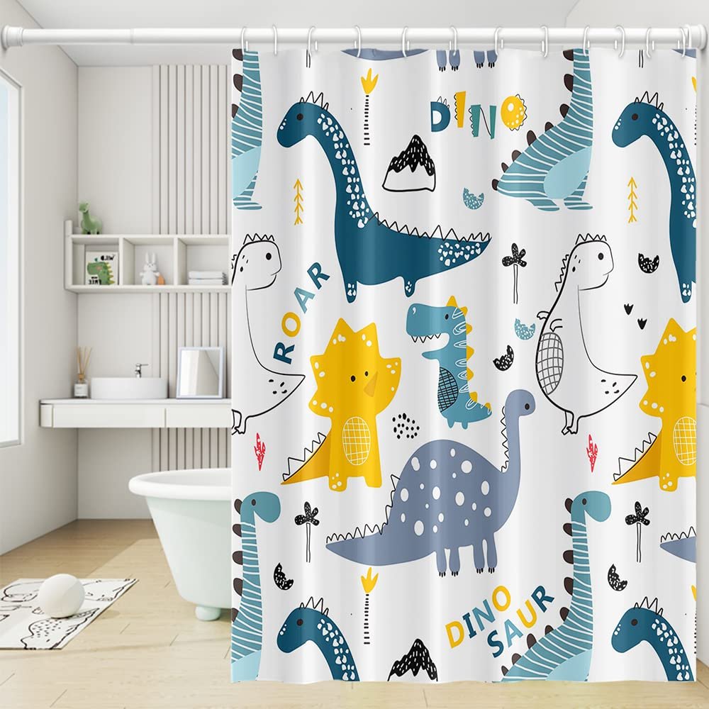 Umpoo Cartoon Dinosaur Shower Curtains Colorful Cute Dino Funny Animals Pattern for Kids Neutral Shower Curtain Waterproof Fabric Polyester Accessories with 12 Hooks, 60x72 Inch