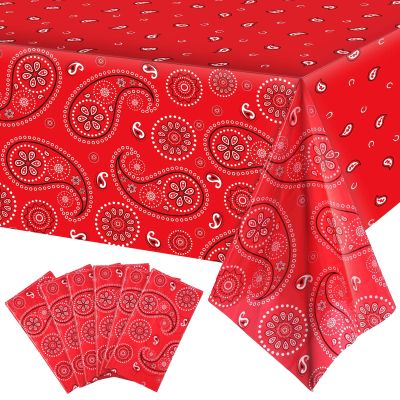 Western Party Tablecloth Paisley Table Cover Bandana Plastic Table Cloth Rectangle Floral Tablecloth for Western Cowboy Themed Party Decorations, 108 X 54 Inches (Red, 6 Pack)