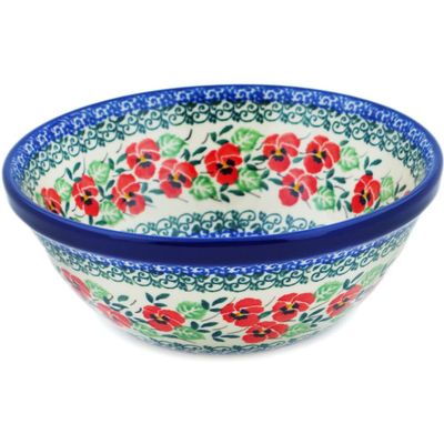 Polmedia Polish Pottery Bowl 6-inch - Red Pansy Pattern Handmade in Boleslawiec Poland by Ceramika Artystyczna + Certificate of Authenticity