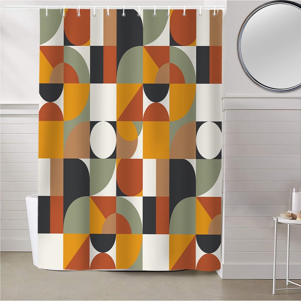 Shower Curtains for Bathroom, Mid Century Orange Brown Sage Green Abstract Retro Geometric Modern Shower Curtain Set Waterproof Fabric Bath Curtain with Hooks for Home Apartment Farmhouse 72x78 inch