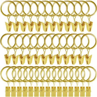 WeeksEight 44 Pack Gold Curtain Rings with Clips, Curtain Hooks Hangers Clip Rings for Hanging Drapes Bows Hat, Drapery Rings 1 in I D, Fits up to 5/8 in Diameter Curtain Rod.