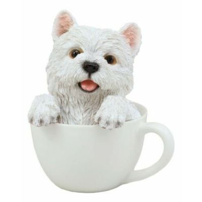 1 Pcs Of Realistic White Dog In Teacup Statue 6" H Pet Pal