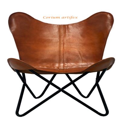 CORIUM ARTIFEX TAN-Butterfly Chair Leather Living Room Chairs -Handmade Cover with Powder Coated Iron Frame