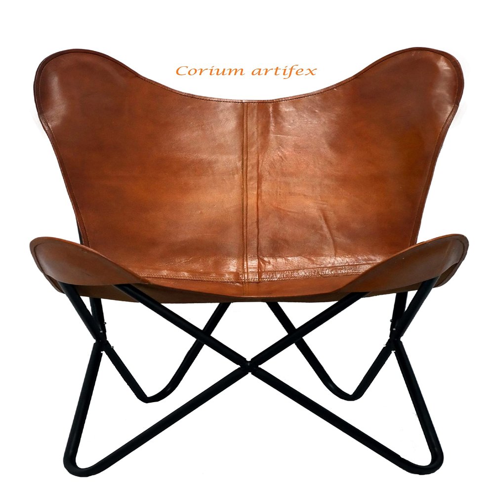 CORIUM ARTIFEX TAN-Butterfly Chair Leather Living Room Chairs -Handmade Cover with Powder Coated Iron Frame
