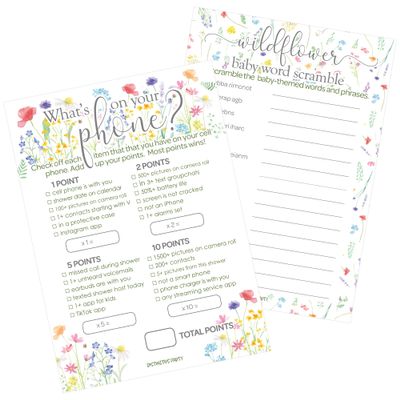 DISTINCTIVS Little Wildflower Baby Shower Games - What's On Your Phone and Word Scramble - 20 Dual Sided Cards, Baby in Bloom 2 Game Bundle