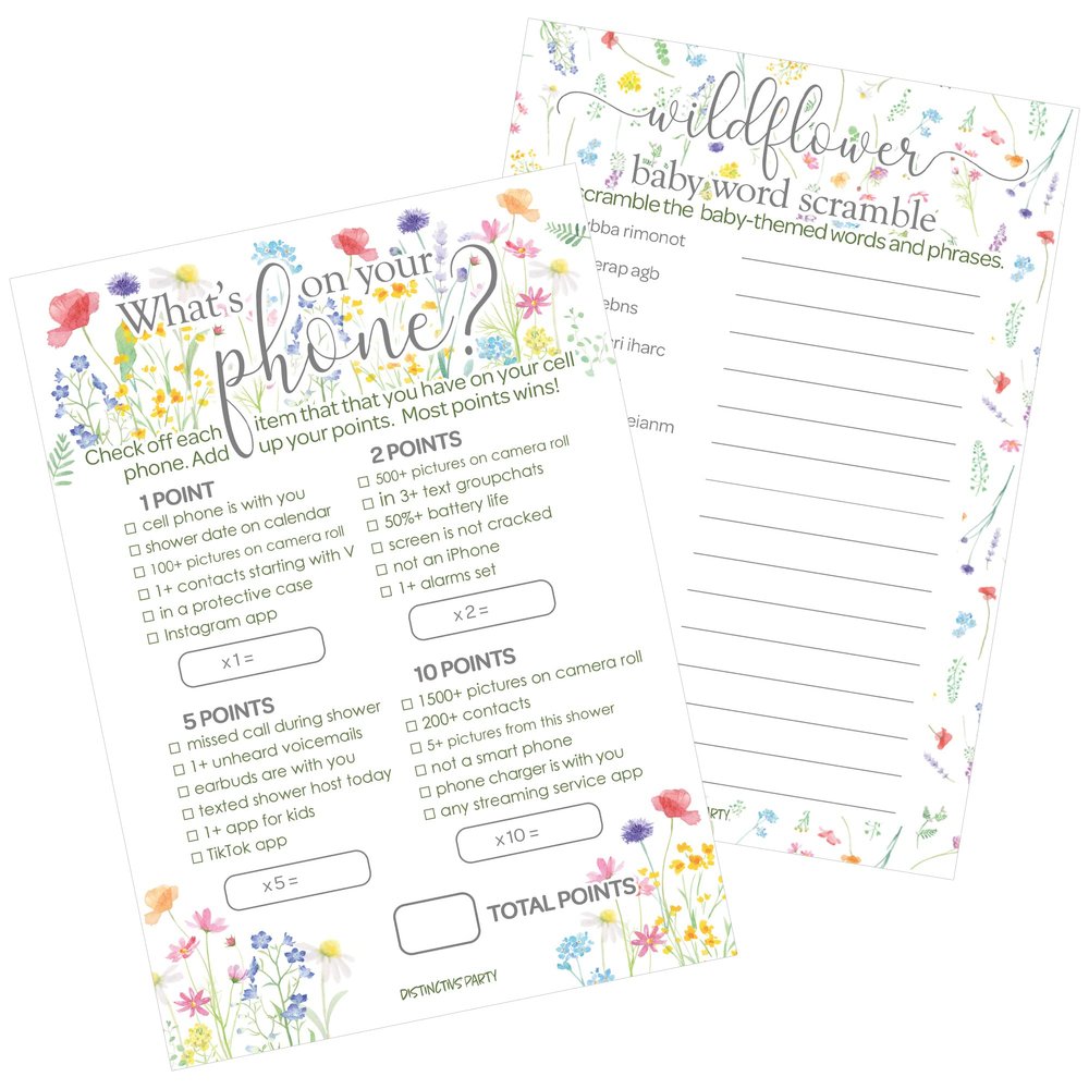 DISTINCTIVS Little Wildflower Baby Shower Games - What's On Your Phone and Word Scramble - 20 Dual Sided Cards, Baby in Bloom 2 Game Bundle
