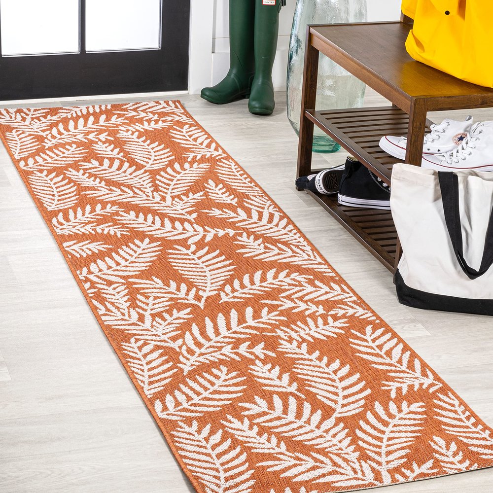 Eyely BMS119E-28 Santa Monica Nevis Palm Frond Indoor/Outdoor Runner Rug Coastal;Casual;Country;Floral, Bedroom, Kitchen, Backyard, Patio, Easy-Cleaning, Non-Shedding, 2 X 8, Orange/Cream